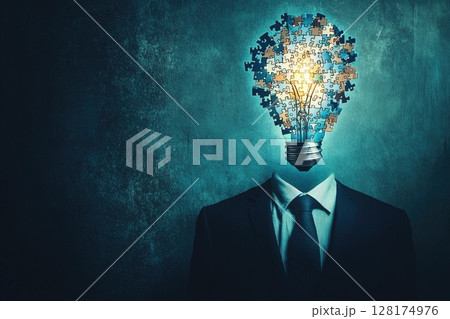 A man's head is made of a light bulb. Concept of creativity and innovation 128174976