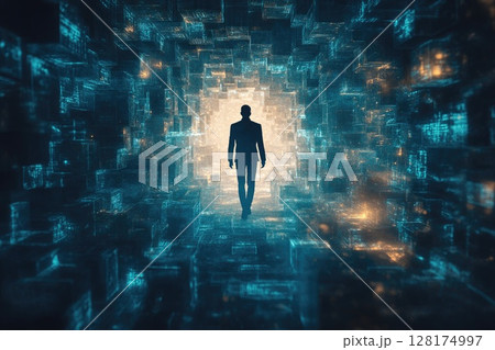 A man is walking through a tunnel with a blue background gives off a feeling of isolation and loneliness 128174997