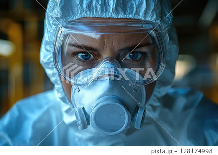 A woman in a white lab coat and goggles is wearing a gas mask A woman in a white lab coat and goggles is wearing a gas mask 128174998