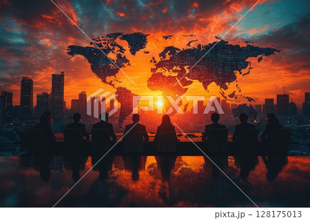 A group of people are sitting at a table looking out at a sunset. Concept of unity and collaboration A group of people are sitting at a table looking out at a sunset. Concept of unity and collaboration 128175013