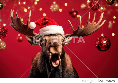 A moose wearing a Santa hat and a red hat is standing in front of a red background A moose wearing a Santa hat and a red hat is standing in front of a red background 128175029