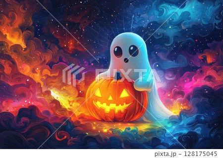 A ghost holding a pumpkin in a colorful, fantastical space 128175045
