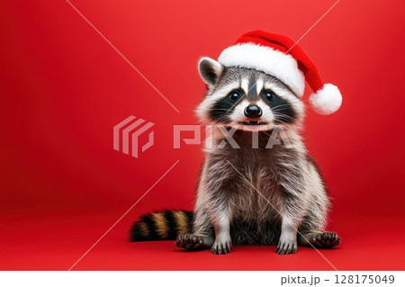 A raccoon wearing a Santa hat is sitting on a red background 128175049