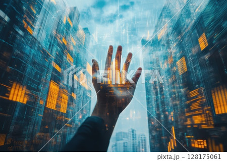 A hand is reaching out to the sky, surrounded by a cityscape. Concept of longing and curiosity 128175061