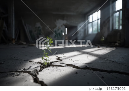 Small Plant Growing From Cracked Concrete Floor in Abandoned Room Illuminated by Sunlight Small Plant Growing From Cracked Concrete Floor in Abandoned Room Illuminated by Sunlight 128175091