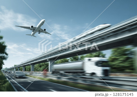 A train is passing under a bridge with a plane flying in the background 128175145
