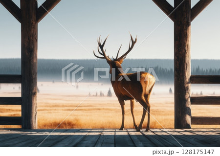 A deer stands in a field with a wooden fence in the background 128175147