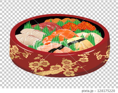 握り寿司(梅模様、赤桶)バラン付き 握り寿司(梅模様、赤桶)バラン付き 128175220