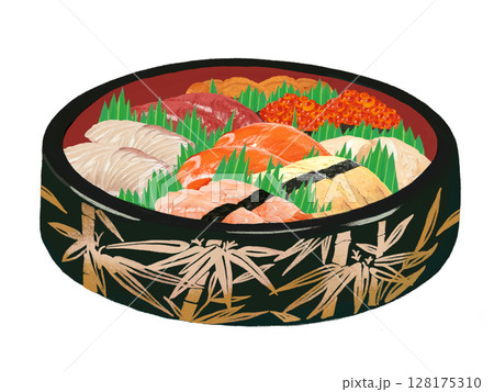 握り寿司(竹模様、黒桶)バラン付き 握り寿司(竹模様、黒桶)バラン付き 128175310