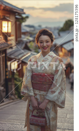 京都 風情ある石畳をバックに着物姿の日本人が記念撮影をバックに着物姿の日本人が記念撮影 京都 風情ある石畳をバックに着物姿の日本人が記念撮影をバックに着物姿の日本人が記念撮影 128175396