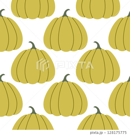 Pumpkins seamless pattern. Autumn isolated green pumpkin on white background. Square repeat pattern flat design for fall season. 128175775