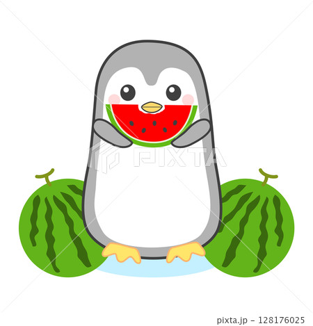 スイカを食べるかわいいペンギン スイカを食べるかわいいペンギン 128176025