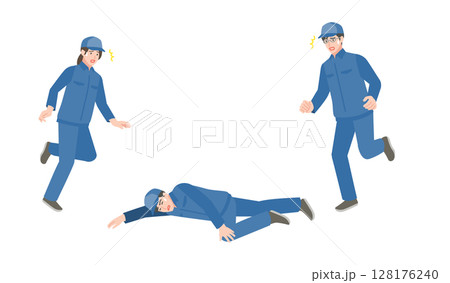 倒れている新人作業員男性と駆け寄る先輩作業員 倒れている新人作業員男性と駆け寄る先輩作業員 128176240