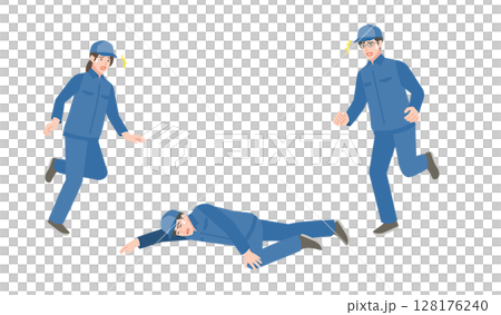 倒れている新人作業員男性と駆け寄る先輩作業員 倒れている新人作業員男性と駆け寄る先輩作業員 128176240