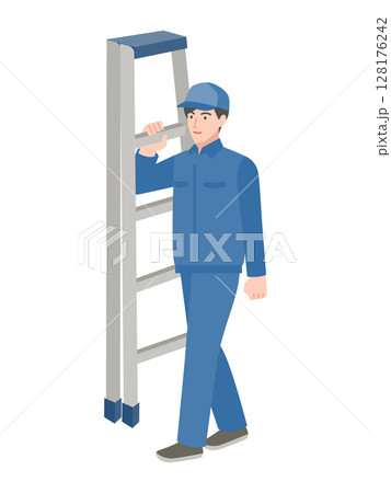 脚立を運ぶ男性作業員 脚立を運ぶ男性作業員 128176242