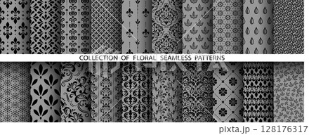 Geometric floral set of seamless patterns. Gray and black vector backgrounds. Damask graphic ornaments 128176317