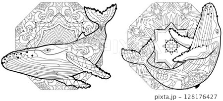 Swimming whales for anti stress Coloring Page. 128176427