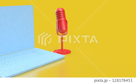 The Laptop and microphone for Pod cast or social media 3d render. 128176451