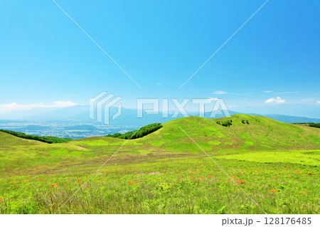 長野県 青空の霧ヶ峰 富士見台展望台からの風景 長野県 青空の霧ヶ峰 富士見台展望台からの風景 128176485
