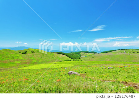 長野県 青空の霧ヶ峰 富士見台展望台からの風景 長野県 青空の霧ヶ峰 富士見台展望台からの風景 128176487