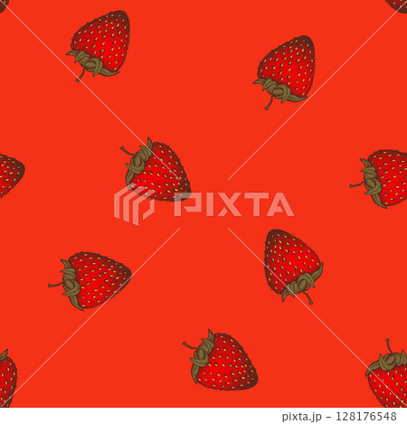 Seamless pattern with strawberry on color background. Natural delicious fresh ripe tasty fruit. Vector illustration for print, fabric, textile, banner, other design. Food concept 128176548