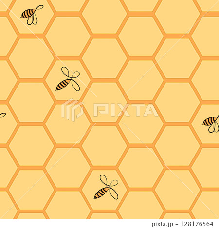Seamless hexagon pattern with honeycomb. Vector illustration, geometric texture. Design for invitation, cards, textile, fabric. Doodle style Seamless hexagon pattern with honeycomb. Vector illustration, geometric texture. Design for invitation, cards, textile, fabric. Doodle style 128176564