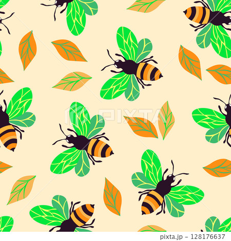 Seamless pattern with bees. Small wasp. Vector illustration. Design for invitation, cards, textile, fabric. Doodle style Seamless pattern with bees. Small wasp. Vector illustration. Design for invitation, cards, textile, fabric. Doodle style 128176637
