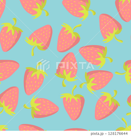 Seamless pattern with strawberry on color background. Natural delicious fresh ripe tasty fruit. Vector illustration for print, fabric, textile, banner, other design. Food concept Seamless pattern with strawberry on color background. Natural delicious fresh ripe tasty fruit. Vector illustration for print, fabric, textile, banner, other design. Food concept 128176644