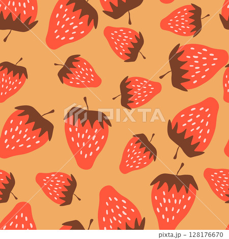 Seamless pattern with strawberry on color background. Natural delicious fresh ripe tasty fruit. Vector illustration for print, fabric, textile, banner, other design. Food concept 128176670