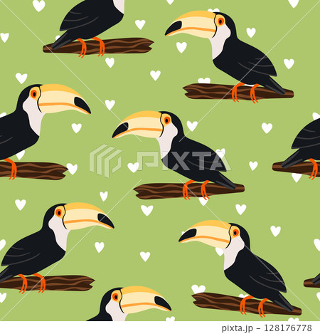 Seamless pattern with cute cartoon toucan bird on branch. Vector illustration for wallpaper, fabric, textile. Summer exotic print. Tropical toucan with floral monstera leaves Seamless pattern with cute cartoon toucan bird on branch. Vector illustration for wallpaper, fabric, textile. Summer exotic print. Tropical toucan with floral monstera leaves 128176778