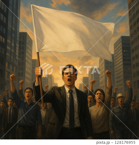 旗を掲げて抗議する群衆とリーダーの演説 128176955