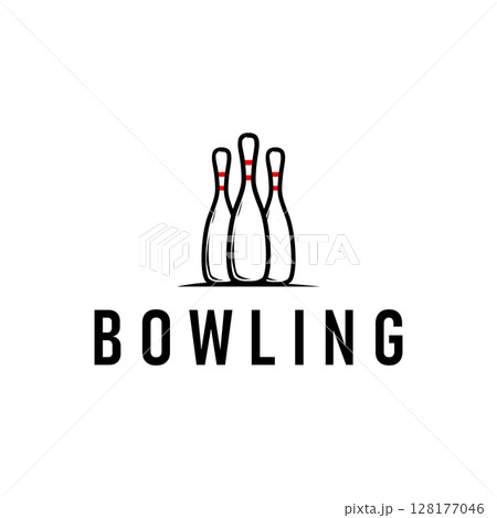 sport branch with bowling logo, simple minimalist black silhouette with bowling ball and pins, cool as a vector design illustration template 128177046