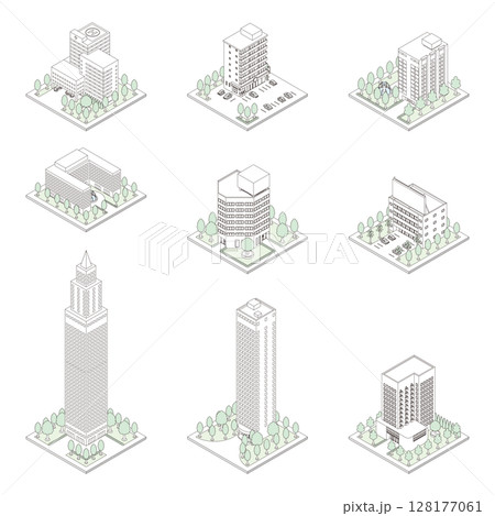 建物の立体的なイラスト. アイソメトリック画法. 線画. 128177061