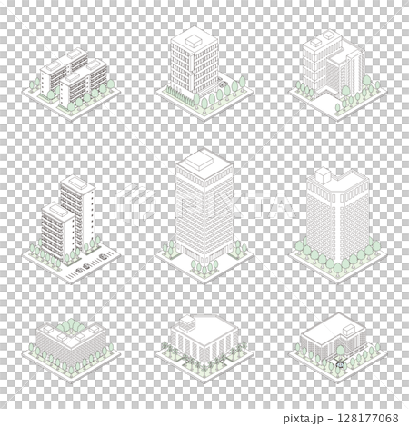 建物の立体的なイラスト. アイソメトリック画法. 線画. 128177068