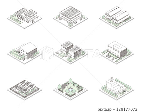 建物の立体的なイラスト. アイソメトリック画法. 線画. 128177072