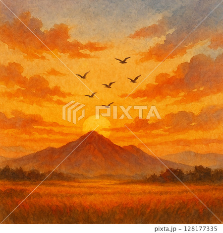 夕焼けに染まる秋の山と飛ぶ鳥の風景画 夕焼けに染まる秋の山と飛ぶ鳥の風景画 128177335