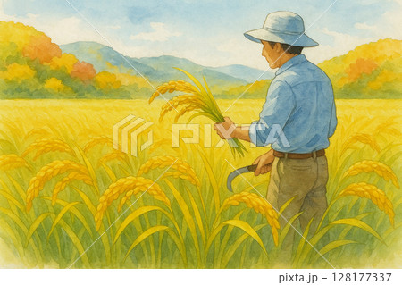 秋の田んぼで稲刈りをする農家の水彩イラスト 秋の田んぼで稲刈りをする農家の水彩イラスト 128177337