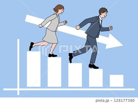 下向き矢印とグラフを下りる男女 128177380