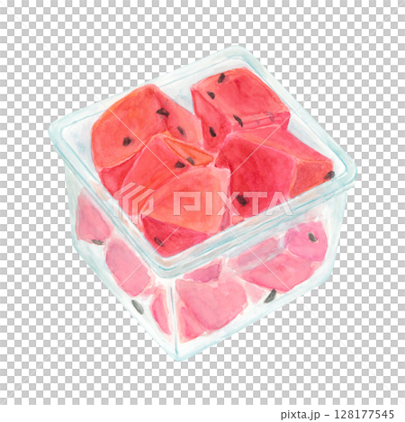 パックに入ったカットスイカの水彩手描きイラスト パックに入ったカットスイカの水彩手描きイラスト 128177545