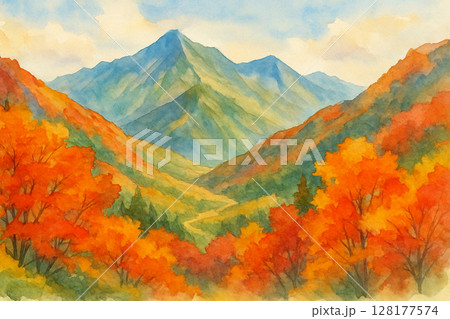 紅葉に染まる山々の絶景水彩イラスト 128177574