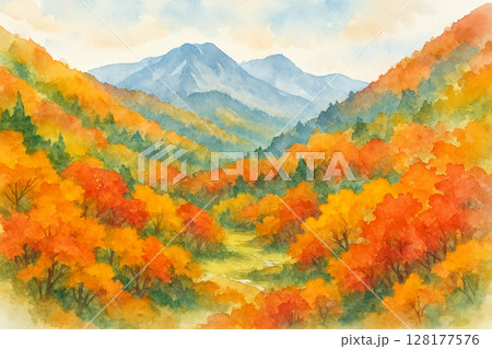 紅葉の山と雲のある山 128177576