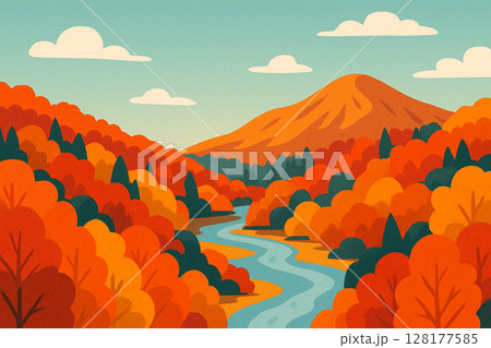 カラフルな紅葉と川の風景イラスト(ポップアート風) カラフルな紅葉と川の風景イラスト(ポップアート風) 128177585