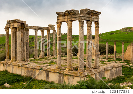 Temple building details of Juno Celestis, archaeological site of ancient Roman Dougga, Tunisia 128177881