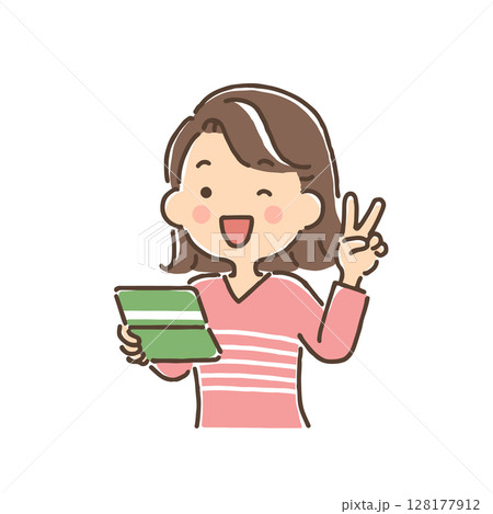 通帳を持ち笑顔でピースをしている若い女性 通帳を持ち笑顔でピースをしている若い女性 128177912