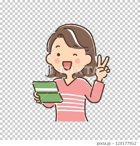 通帳を持ち笑顔でピースをしている若い女性 通帳を持ち笑顔でピースをしている若い女性 128177912