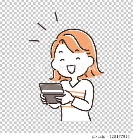 通帳を見て笑顔で喜んでいる若い女性 通帳を見て笑顔で喜んでいる若い女性 128177913