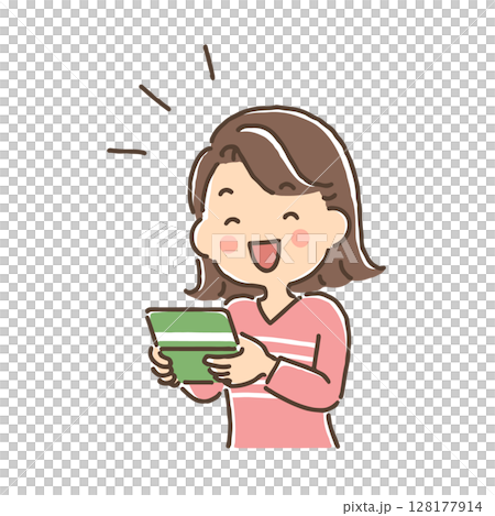 一位年輕女子看著她的存摺，開心地微笑著 128177914