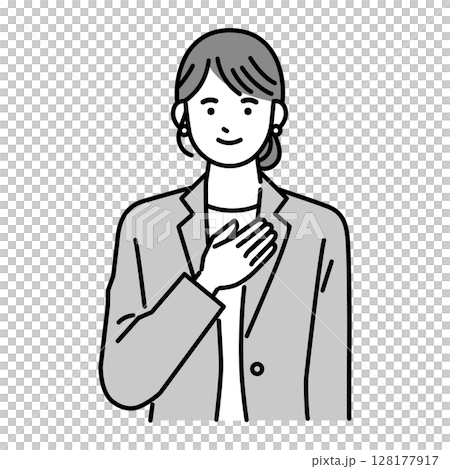 胸に手を当てるスーツの女性 128177917