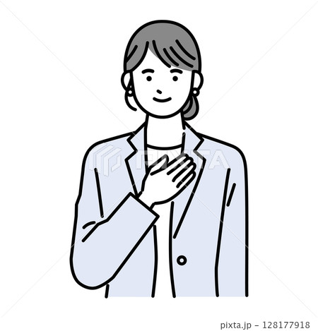 胸に手を当てるスーツの女性 128177918