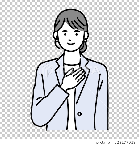 胸に手を当てるスーツの女性 128177918